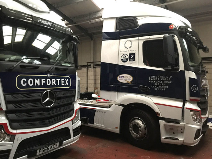 Comfortex lorries in garage vehicle graphics by Graphical Sign Ramsgate